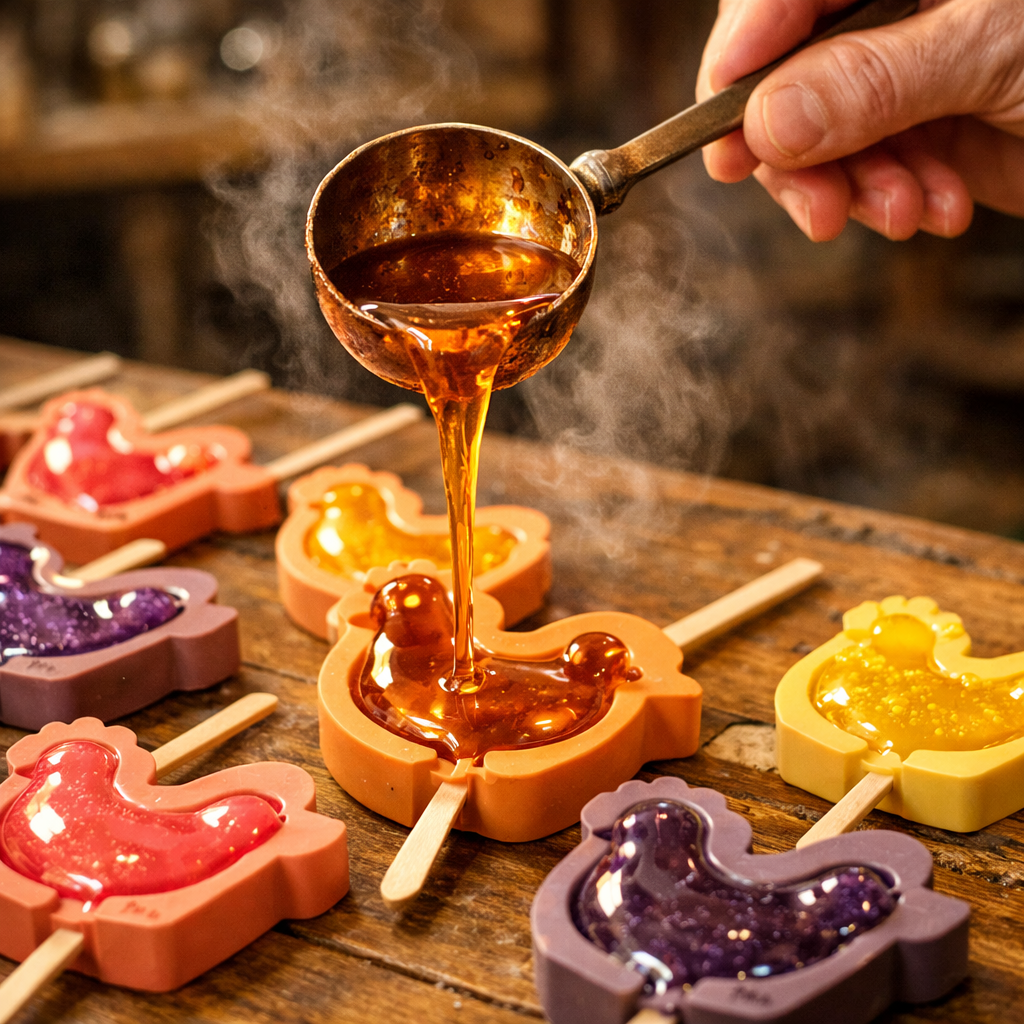 Pouring candy into chicken molds
